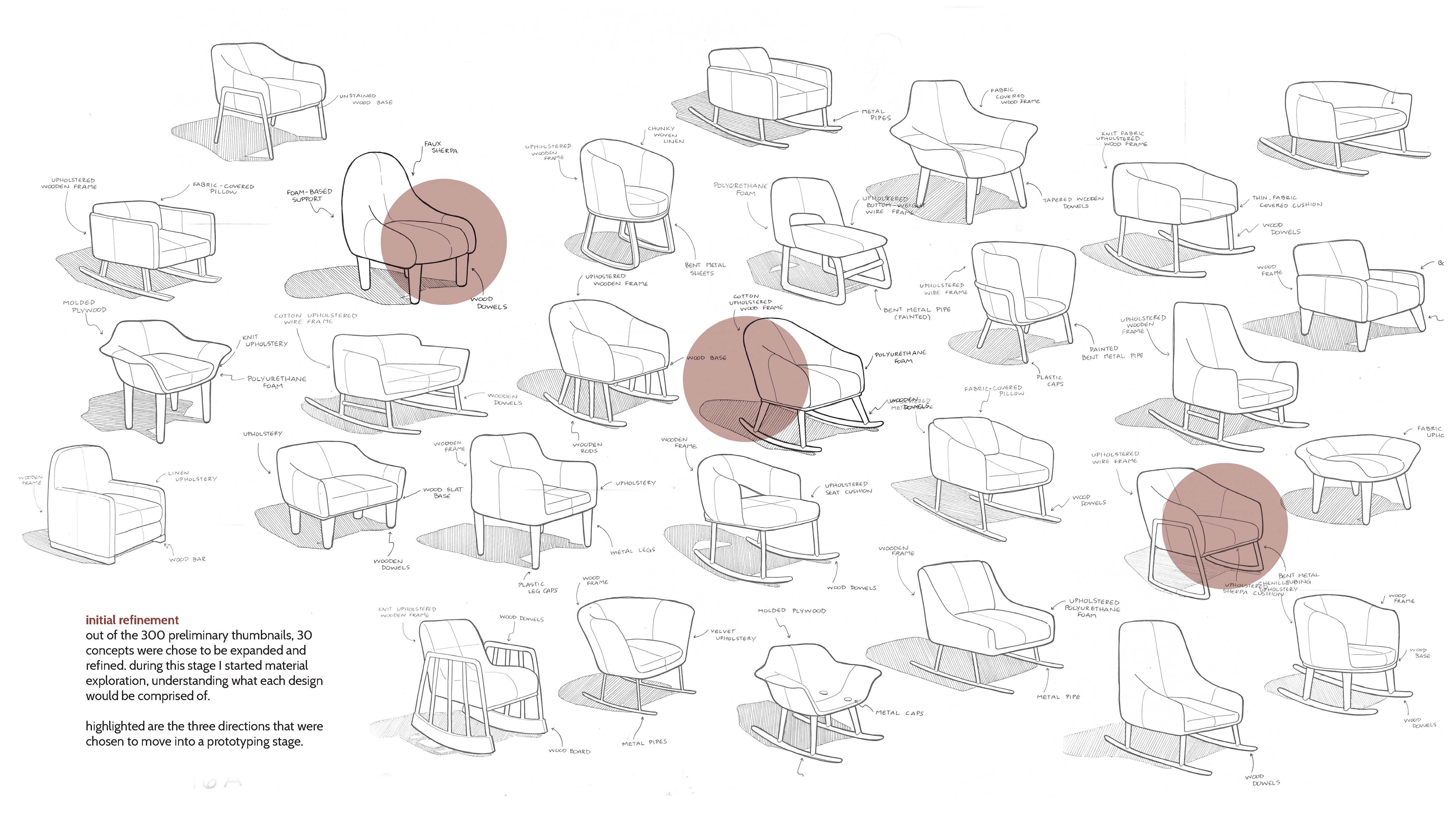 30 designs for chairs with three final designs highlighted