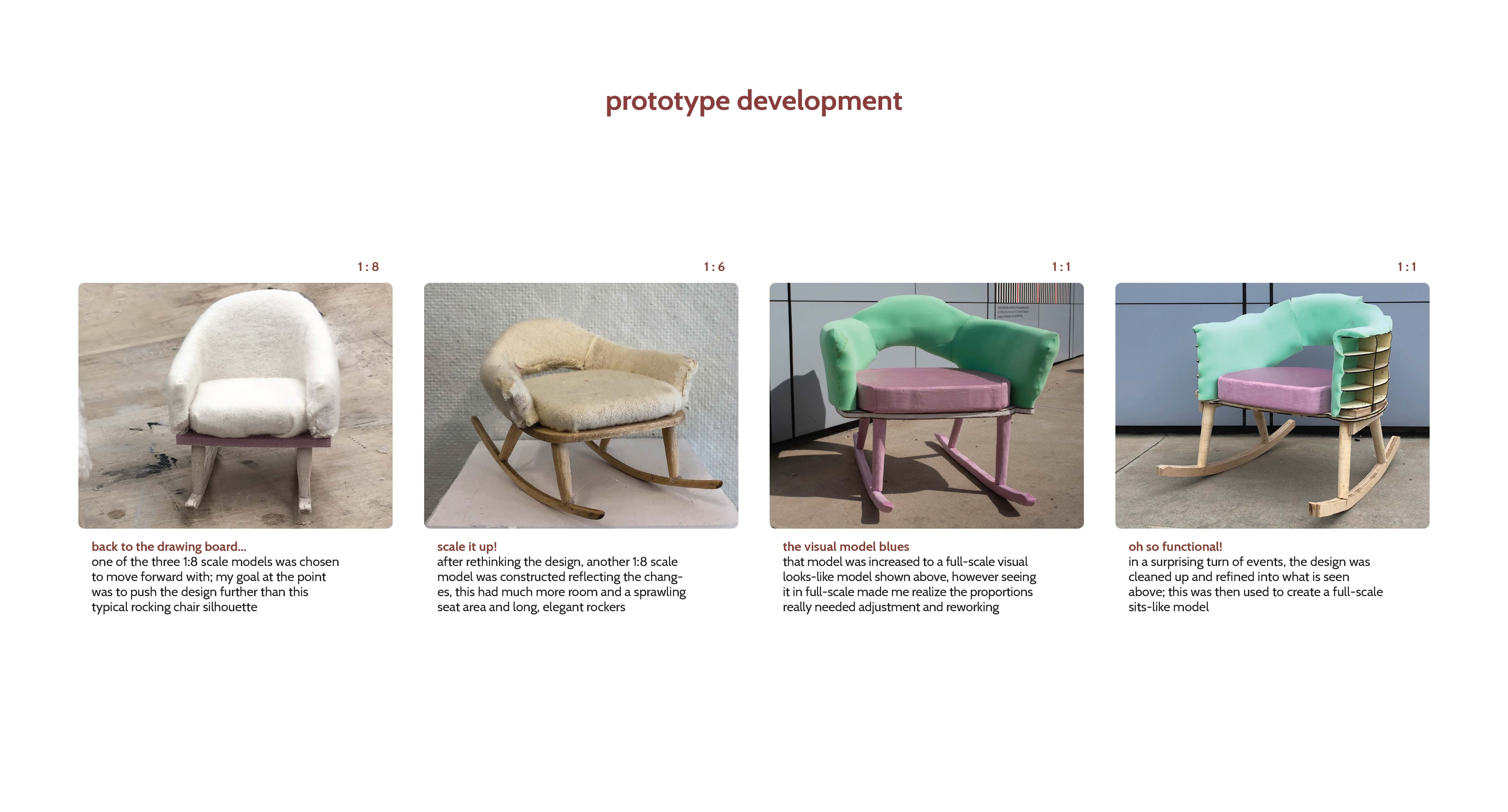 scale model of chair shown at 1 to 8 scale, 1 to 6 scale, and full scale prototype developments