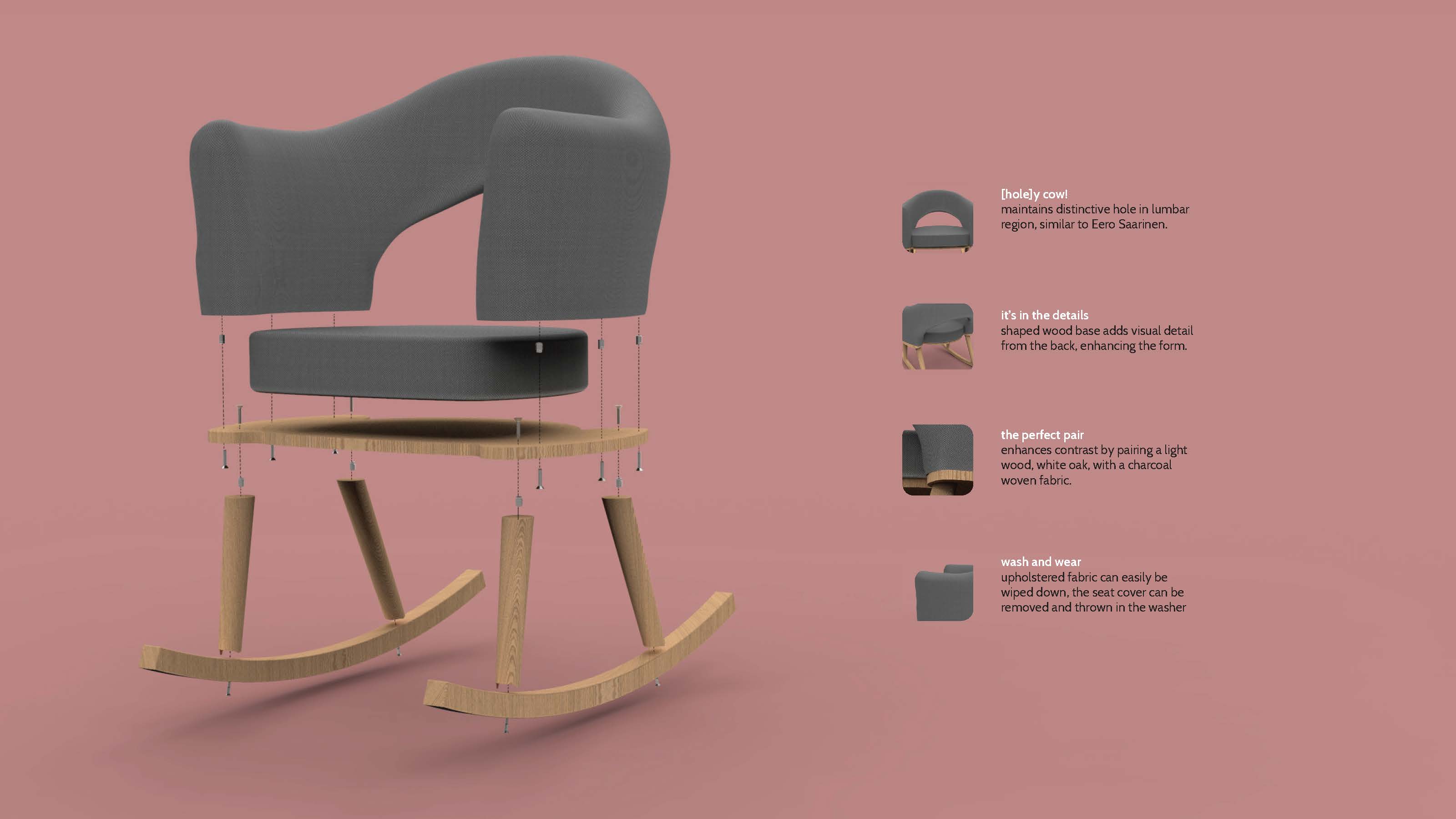 exploded view of chair showing parts separated and screws to hold it together