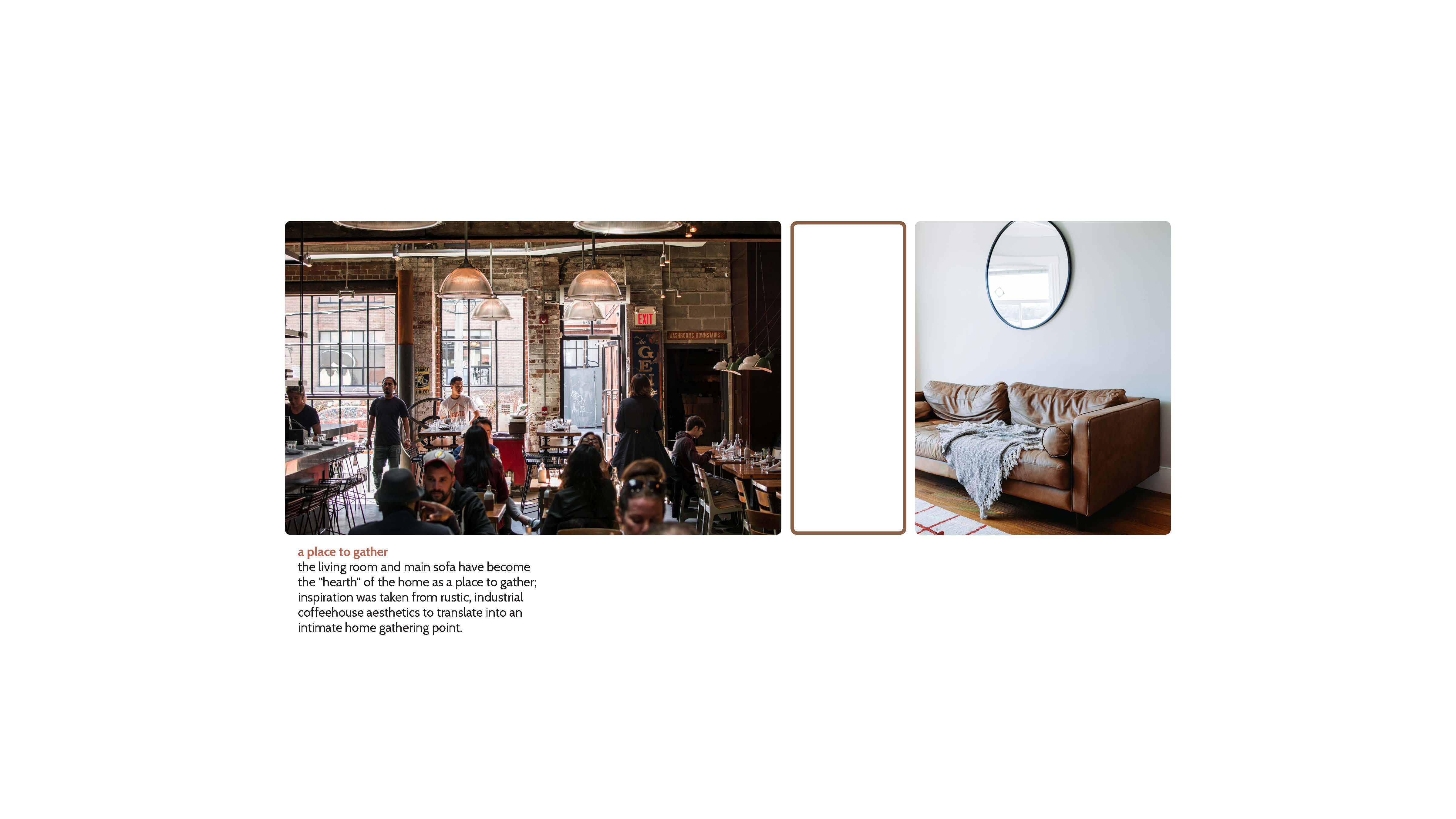 rustic coffee shop filled with people, another image of a worn in leather couch