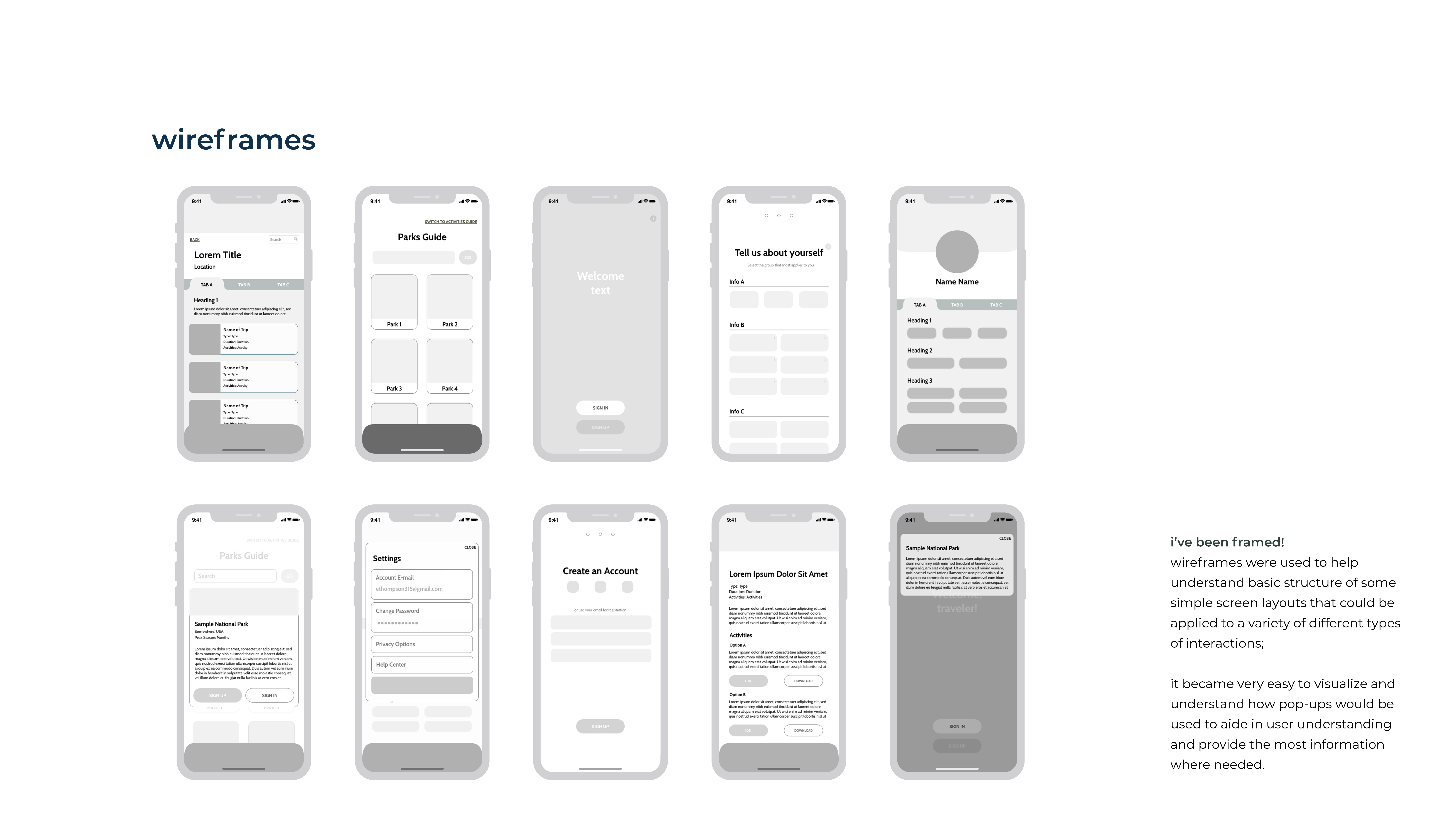 wireframes of the app to showcase the development process