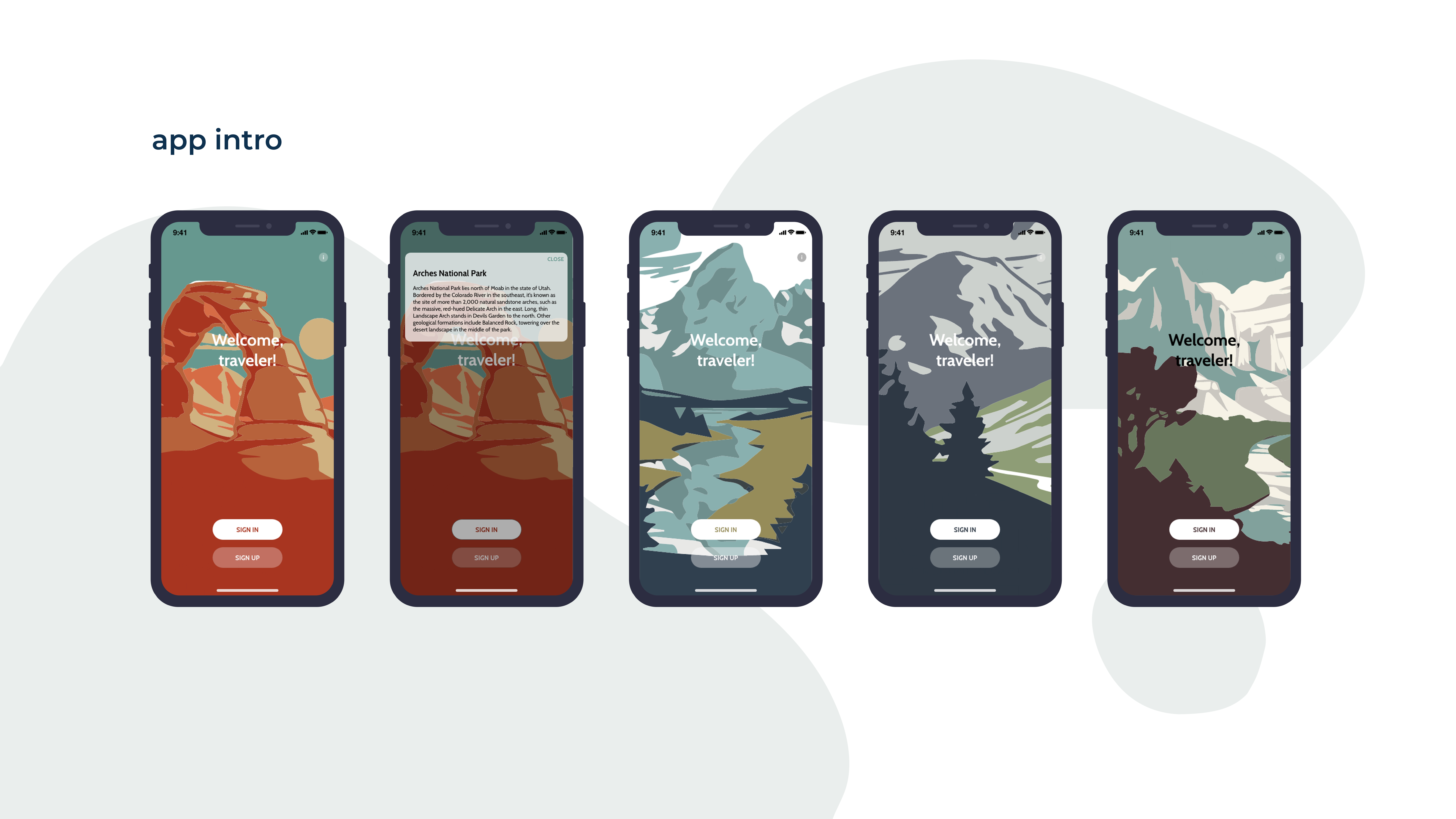 showcasing rotating home screens of different national park graphics